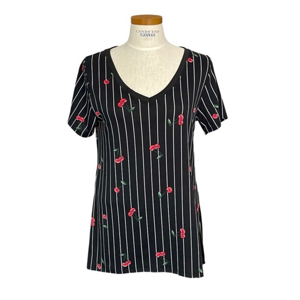 NWT LulaRoe Christy T Black White Stripe Cherry Print SzM Short Sleeve V-Neck
